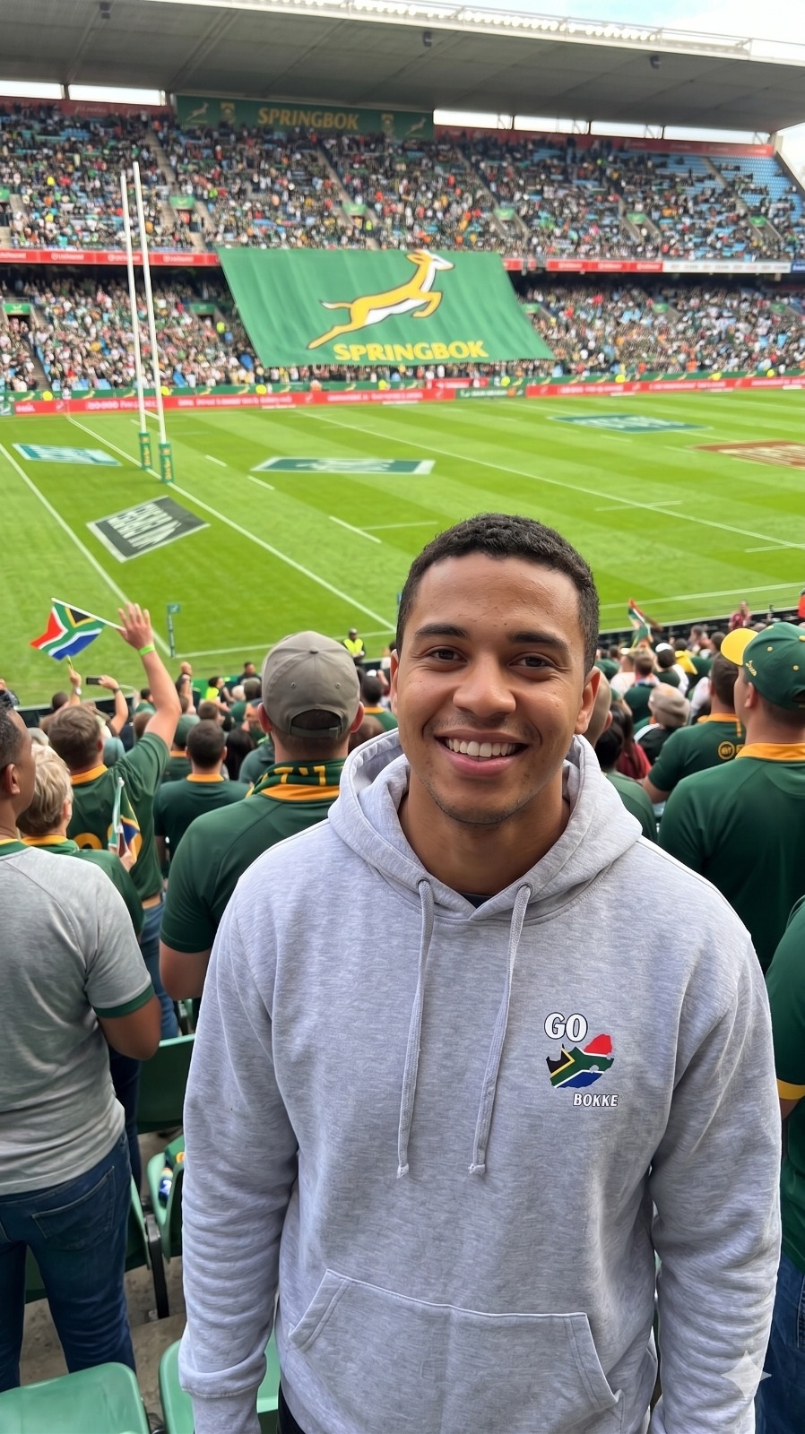 Springbok supporter wearing a Go Bokke hoodie at the stadium
